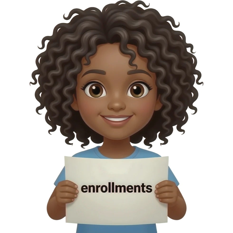 brown girl with curly black hair rolling a paper that says enrollments emoji