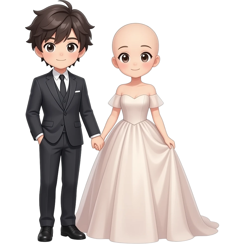 Make an cute anime couple blown hair ,the boy is wearing suit and the girl is wearing a big gown full head to toes the bride isn't wearing anything on head emoji