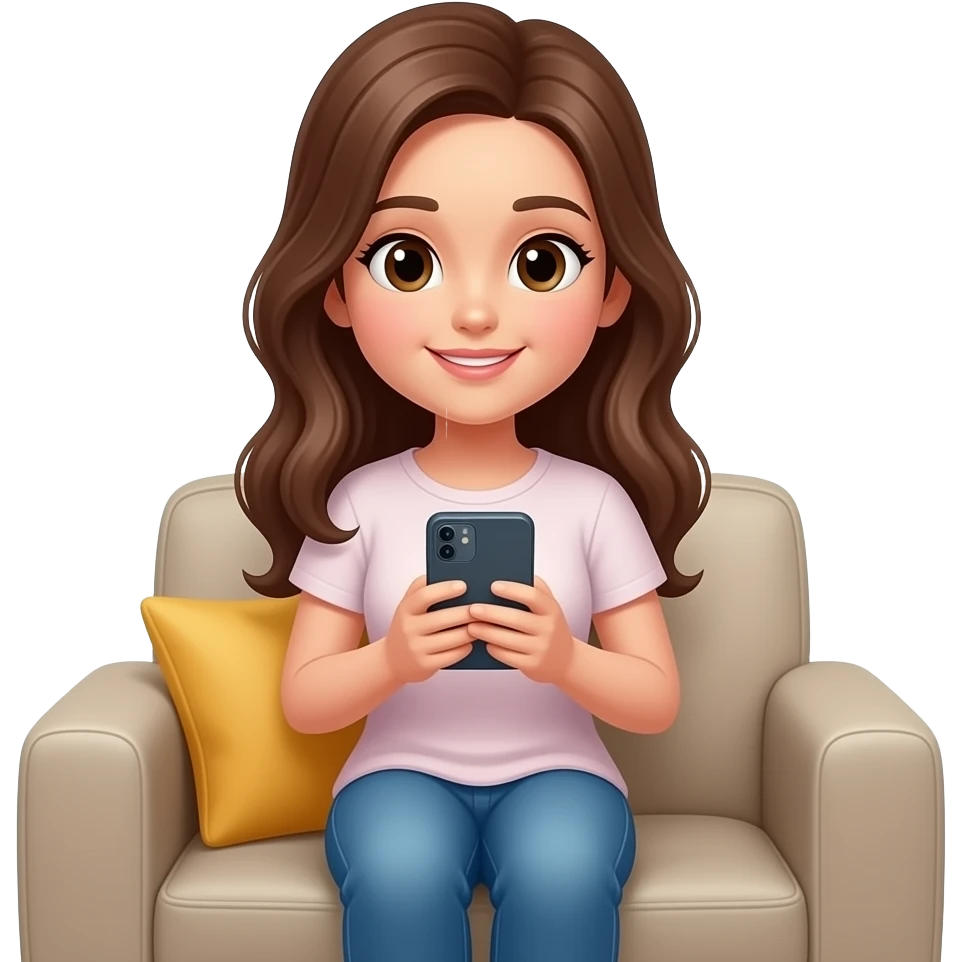 girl brown hair on sofa scrolling on social media smartphone emoji