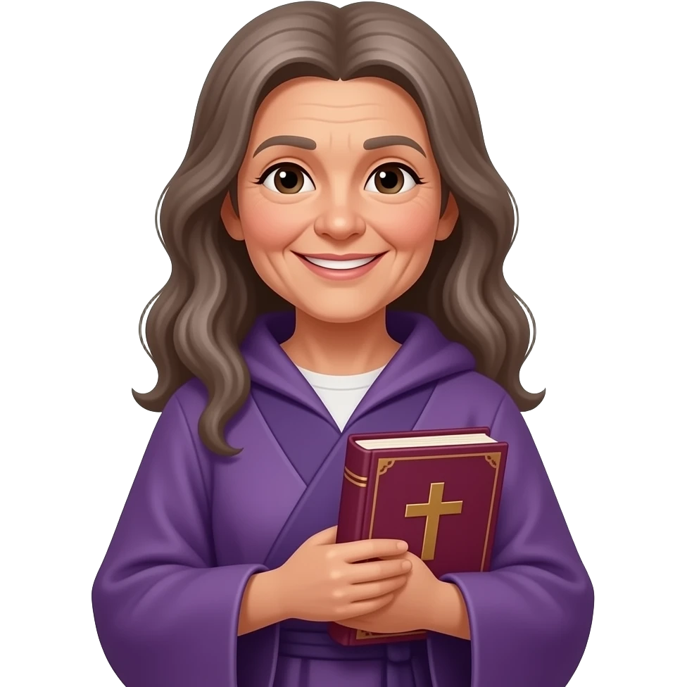 wise old woman slight smile with long brown grey hair purple robe tan skin warm holding closed burgundy book that has a cross on it emoji
