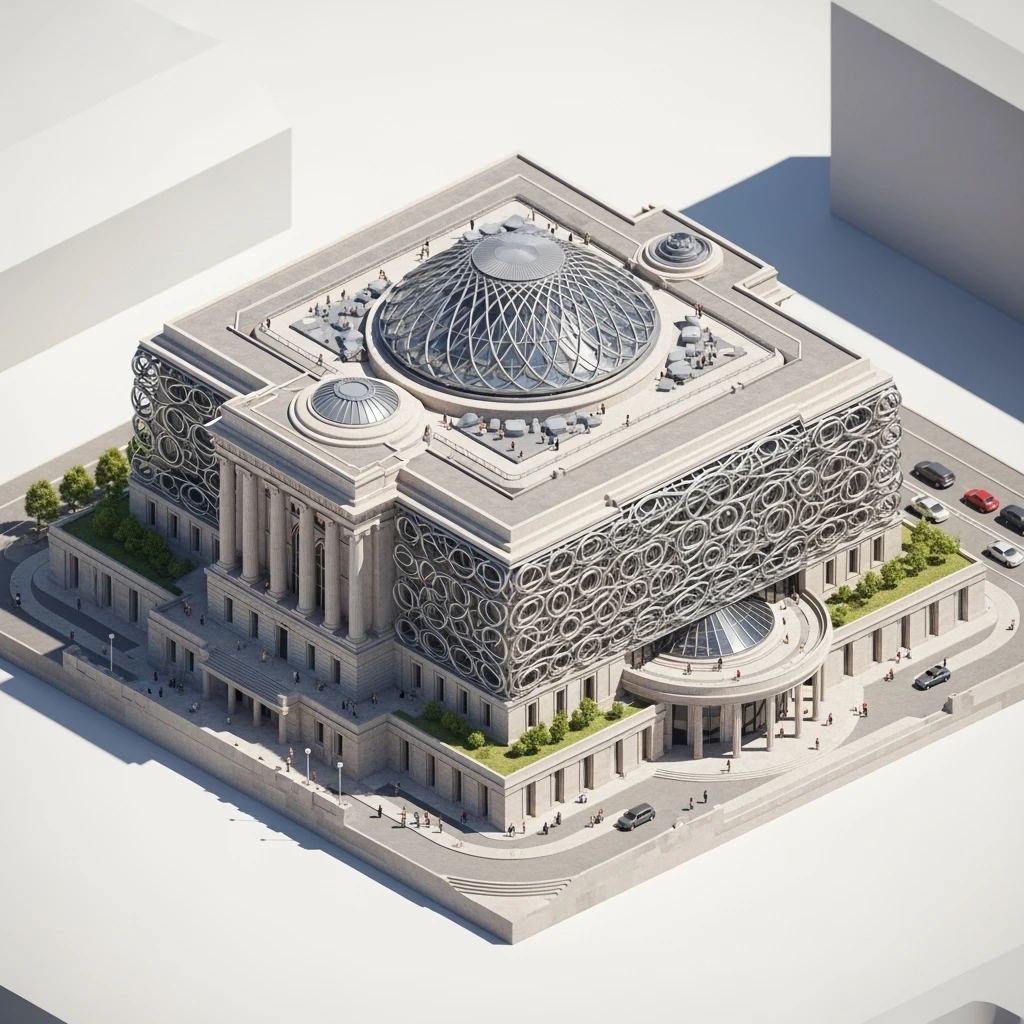 Isometric photorealistic illustration of Birmingham library highly detailed in semi-realistic, 3D miniature effect, transparent background. emoji