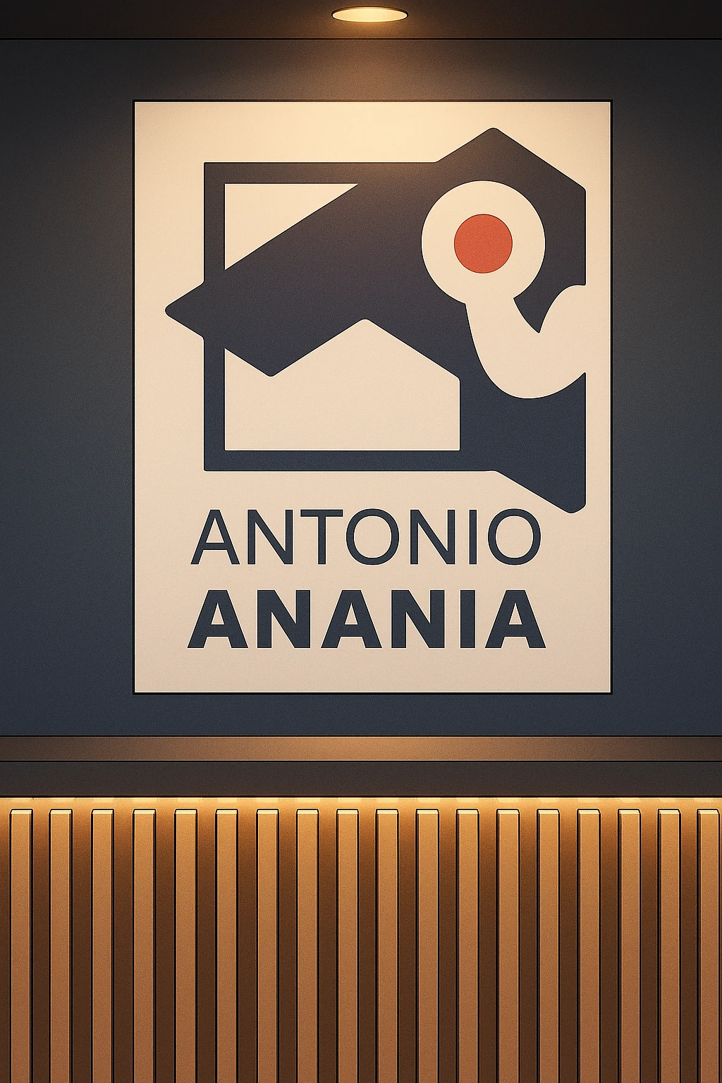 su questo stile fai un manga/webtoon a colori in cui mostri quella parete dietro dello studio con il suo logo e la scritta "ANTONIO ANANIA" SOTTO IL LOGO, LUCE CHE ILLUMINA IL LOGO emoji