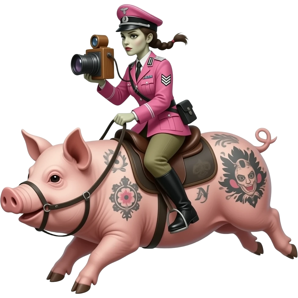 cinematic - creepy female rider in pink WWII German army uniform jumping on a large tattooed pig with a wooden daguerreotype camera emoji