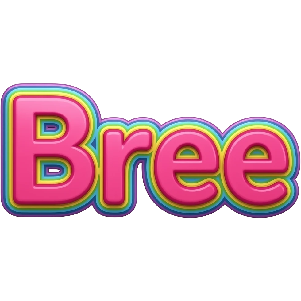 name "bree" in hot pink, 3D style typography lettering, each color of the rainbow as a border outlined around each letter, isolated, 3d rendering, no emoji icons no emoji faces and must have no human figures emoji