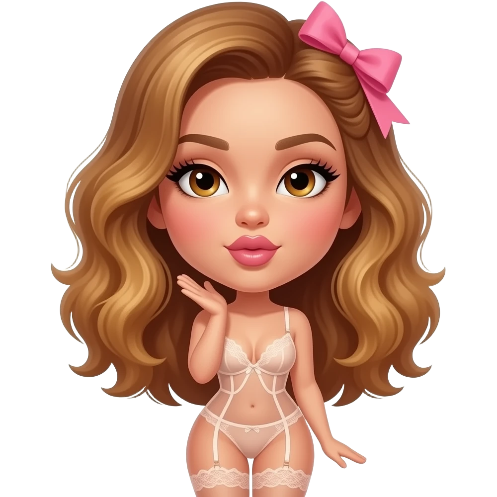 glamours,-tanned,-very-beautiful-woman-with-big-plump-rose-beige-lips,-long-lashes,-honey-silky-very short- hair,-wavy-hair,-with pink bow in hair -hazel-eyes-wearing-nude-lace-lingerie-nude-stilettos-Looks-sexy-winking-blowing-kiss-from-hand-full-body emoji