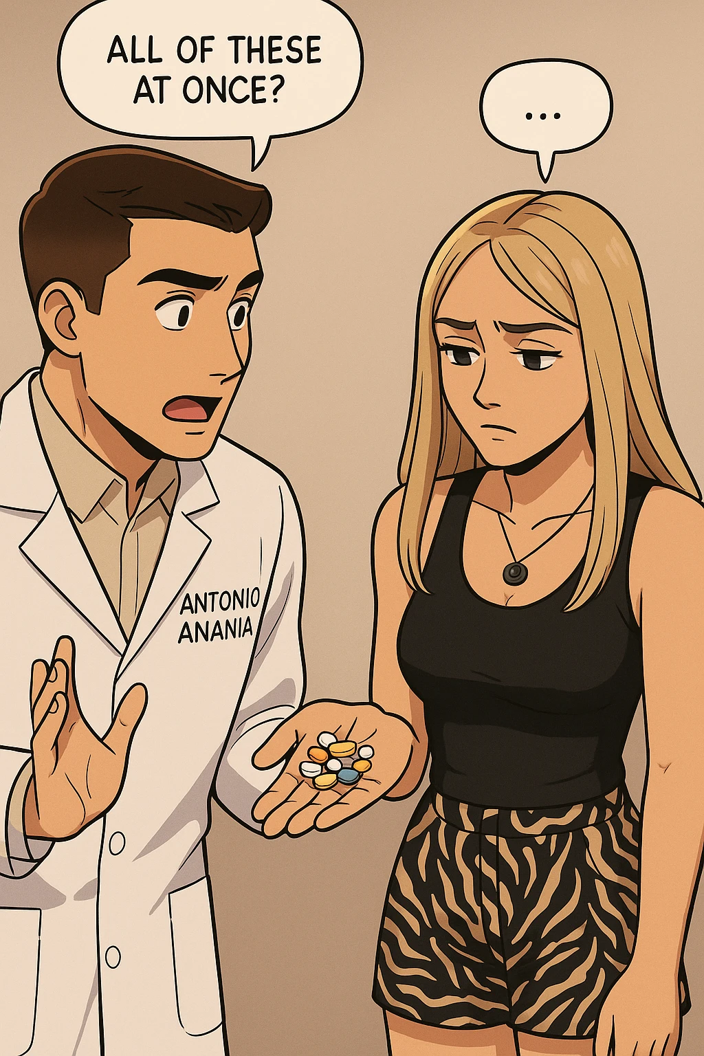 fai un webtoon/manga a colori con questo kinesiologo in camice bianco (fagli la scritta "ANTONIO ANANIA" SUL CAMICE) CHE PARLA CON QUESTA RAGAZZA. LA RAGAZZA HA UN PUGNO DI INTEGRATORI IN MANO (TANTE PILLOLE DIVERSE) E LE GUARDA DUBBIOSA. IL KINESIOLOGO CON IL CAMICE BIANCO LE DOMANDA UNA COSA SCIOCCATO. NON FARE I FUMETTI, FAI SOLO LORO COME SE DIALOGASSERO emoji