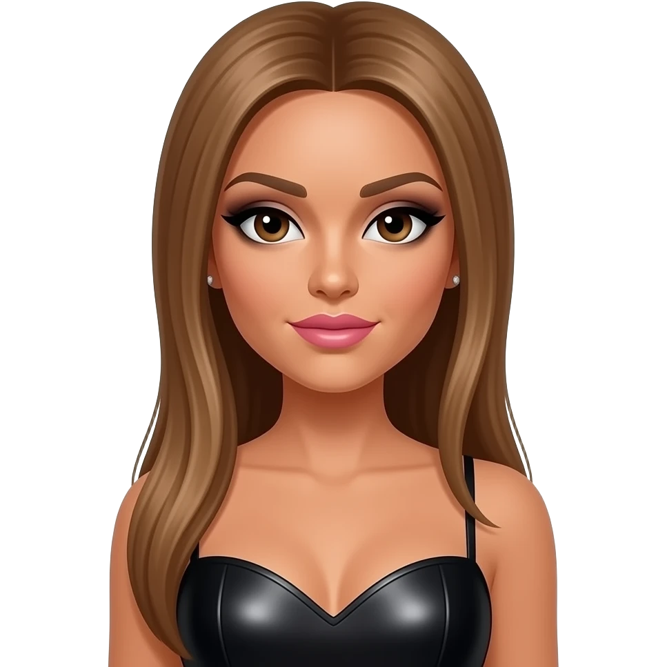 Melody Thornton from The Pussycat Dolls with tan skin, dark brown eyes, long light brown straight high ponytail hair, black eyeshadow, pink lipstick, black metallic sweetheart dress, earrings emoji