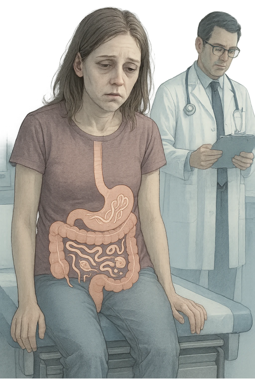 a woman in her 30s sits slumped on a doctor’s examination table, her face pale and eyes sunken with deep fatigue. A transparent overlay on her abdomen reveals stylized images of internal parasites, such as worms or protozoa, inside her digestive tract. The doctor stands nearby, reviewing medical charts. The mood is clinical and educational. emoji