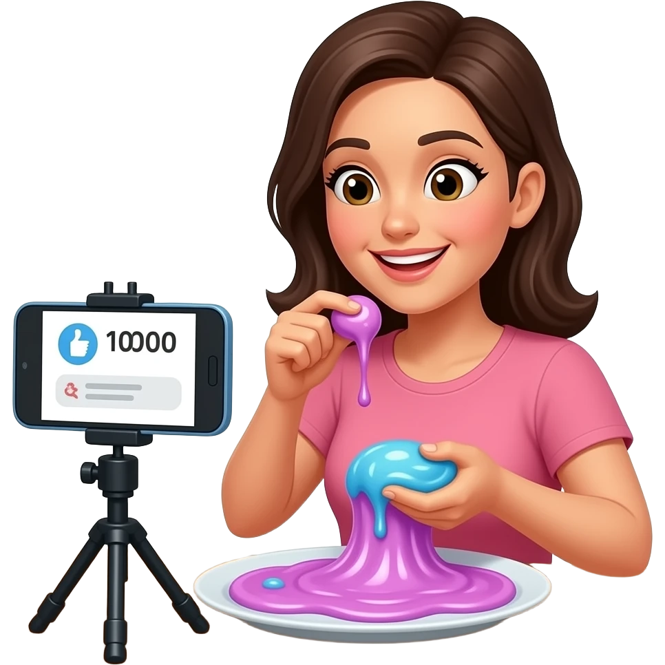 An women is making live about slime the phone is in the table and she gets 10,000 likes and coments and she is playing with taba squishy emoji emoji