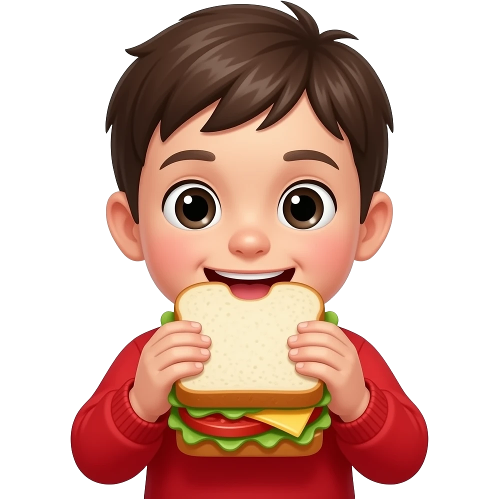 red clothes kid eating very big  sandwich closeup front facing emoji