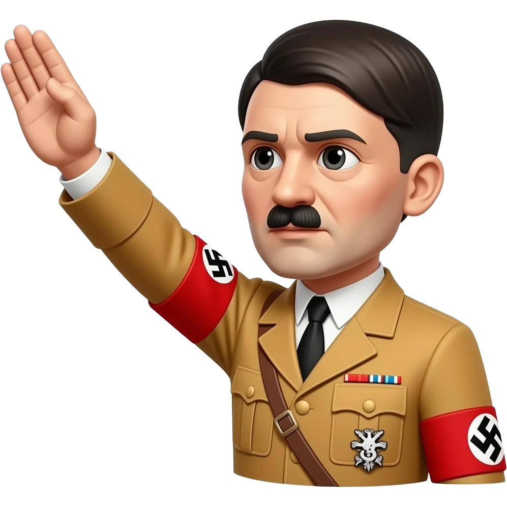 Adolf Hitler doing the Nazi salute with his arm pointing out front with all his fingers up and uncurled. His arm is pointing out at a 30 degree angle, with a front left camera shot emoji