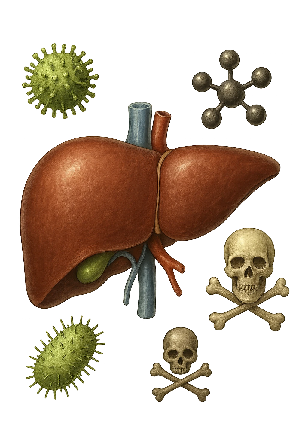 fegato umano anatomico con tossine che gli fluttuano intorno emoji