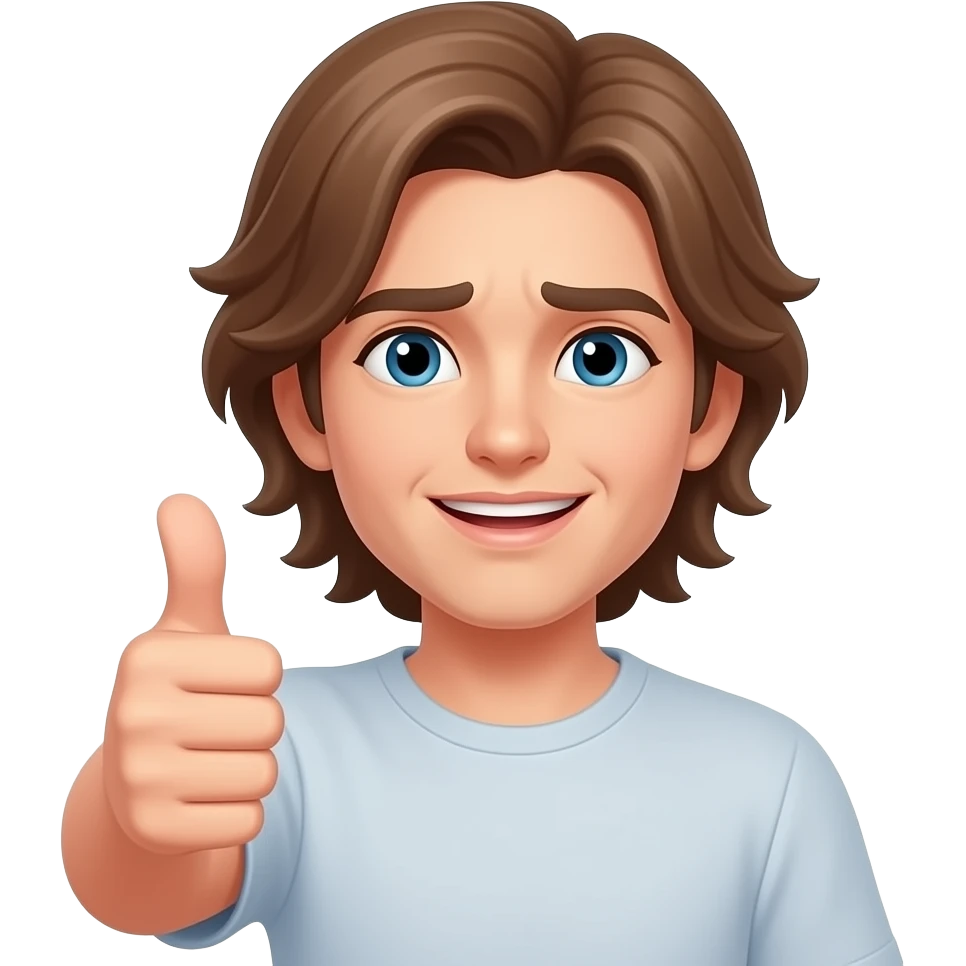 change to slightly longer and lighter brown hair. have her giving a thumbs up and look nervous and happy emoji