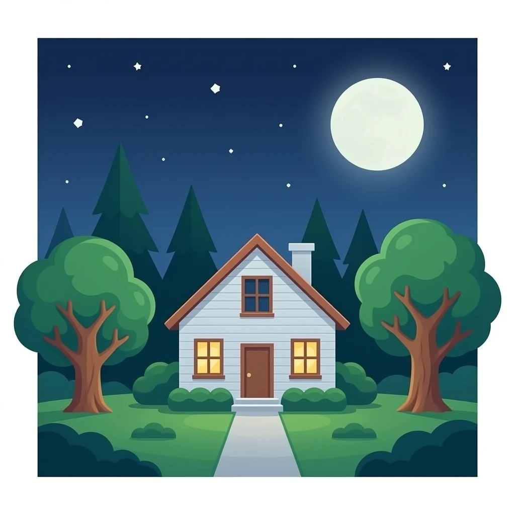 une maison avec des arbres étranges il fait sombre emoji