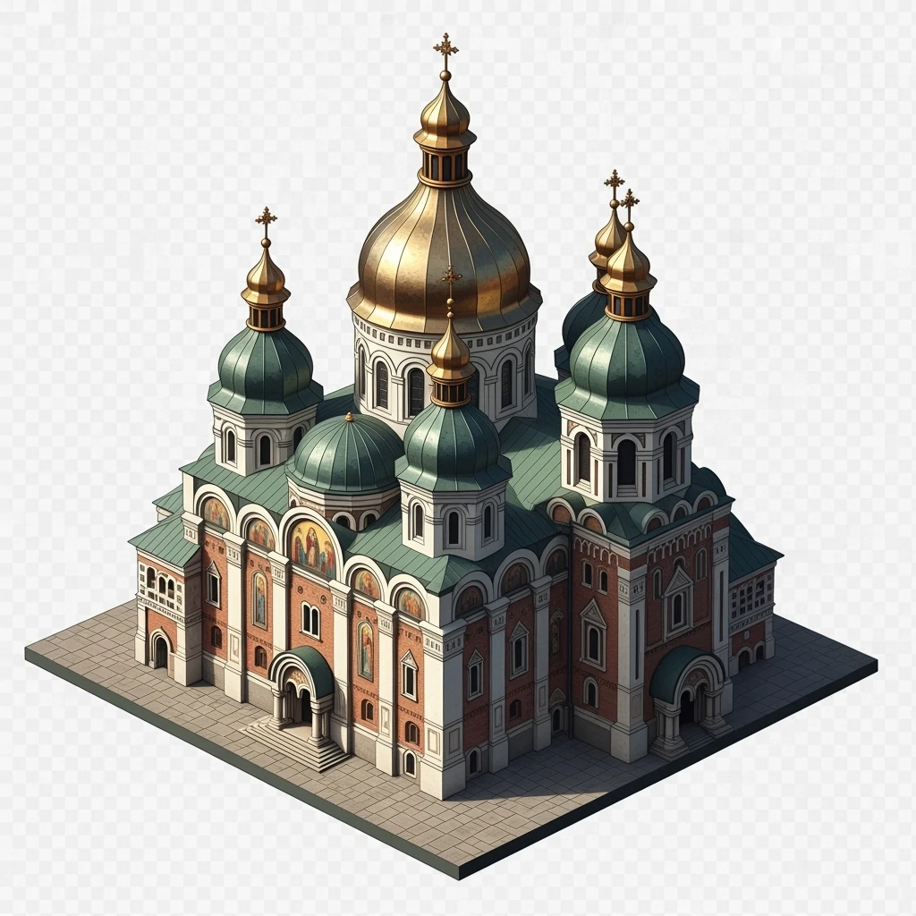 Isometric illustration of photorealistic Saint Sophia Cathedral in Kyiv, balanced between paint stylized and realistic, 3D miniature effect, transparent background. emoji
