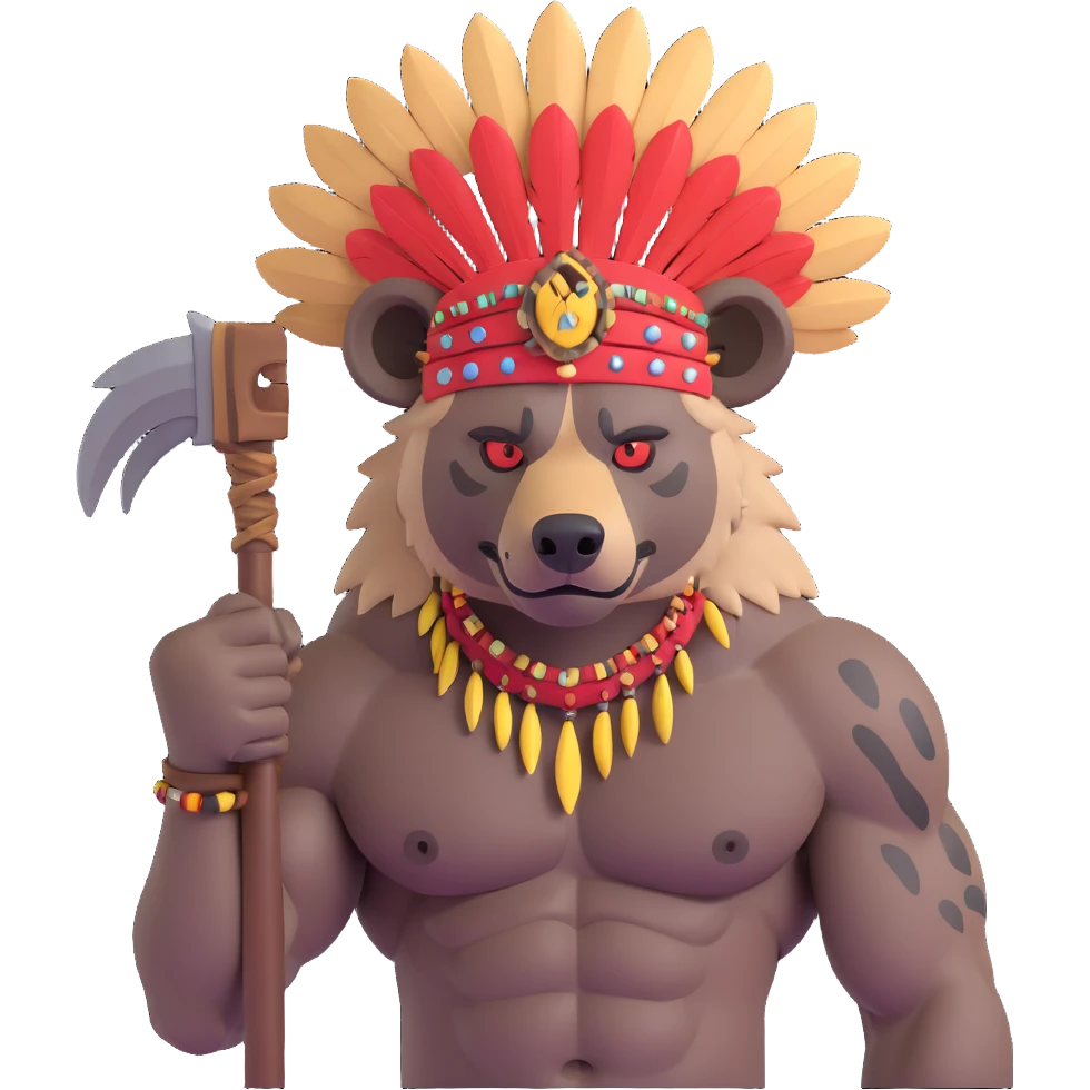 A native strong buff hyena with war bonnet flexing posing holding a chopped off human head by the hair  emoji