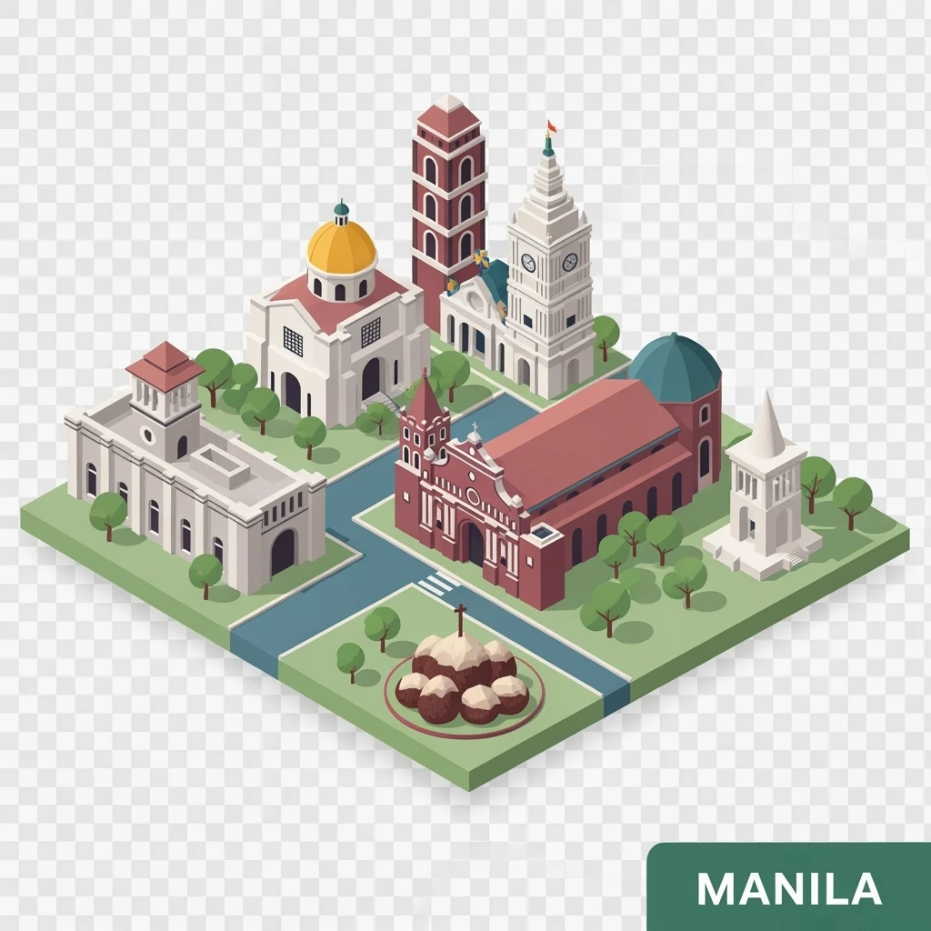Isometric minimalistic illustration of Manila, subtle 3D miniature effect and Tilt Shift effect, no cartoonish look, transparent background. emoji