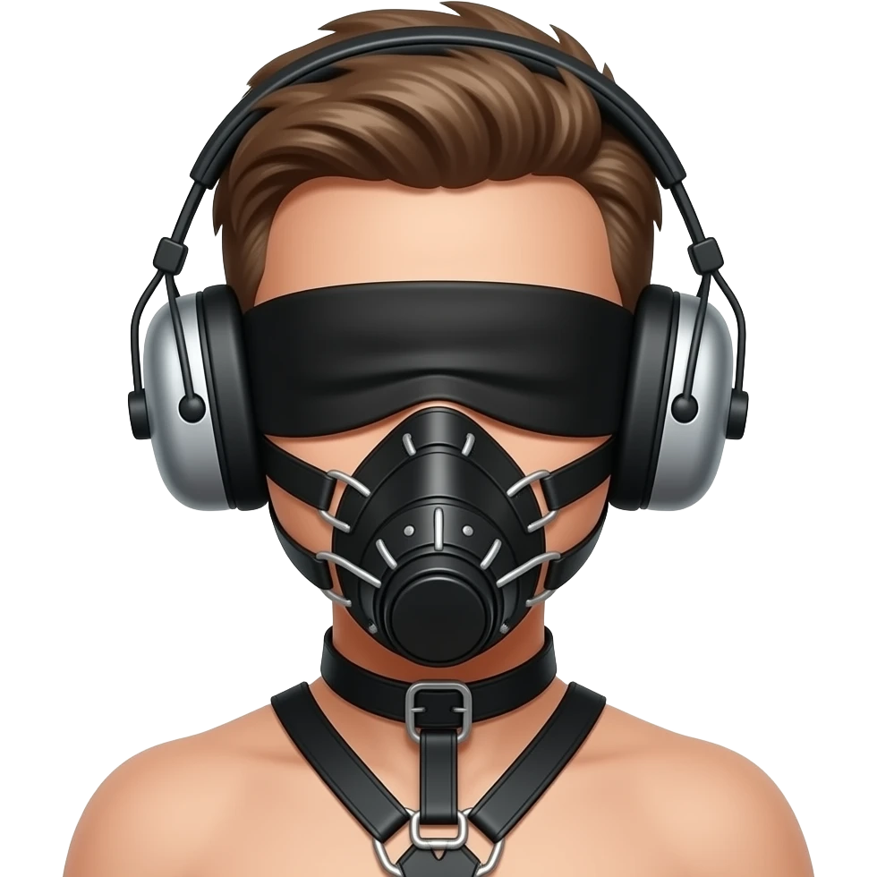 Bondage naked boy earmuffs muzzle blindfold emoji