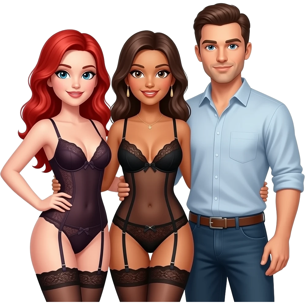 3 sexy people - 1 redhead female in lingerie, 1 brunette female in lingerie , 1 brunette male emoji