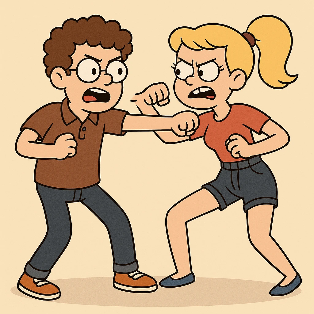 Fighting a boy brown Curly hair circle glasses Royal Pro polo brown jeans orange shoes and a girl Yellow ponytail hair red shirt high waisted dark blue denim shorts blue shoes emoji