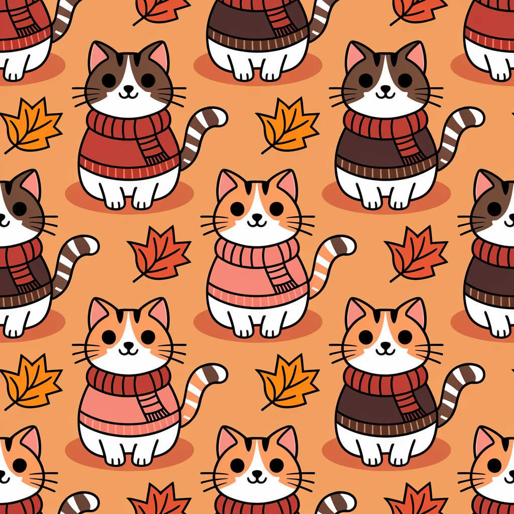 cute cats in scarves and sweaters, seamless pattern, autumn colors, warm and cozy vibe, playful cartoon style emoji