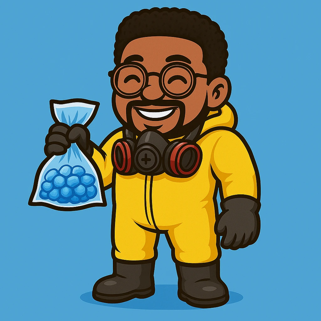 Replace the character's head with the head from the second image: smiling face, more voluminous hair, round glasses. Keep the body with the yellow jumpsuit, blue stone bag in hand, and gas mask hanging on the neck. Style: detailed cartoon. Background: light blue. emoji