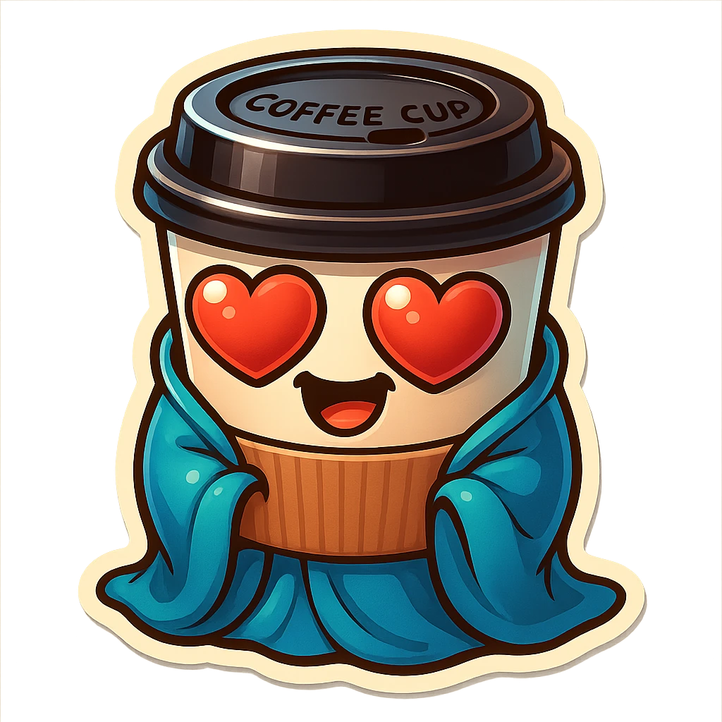 Ink wash style, coffee cup creature, big heart eyes, dopey smile emoji