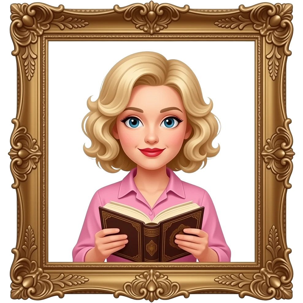 blonde curly bob reading an antique book in a pink shirt and red lipstick antique frame emoji