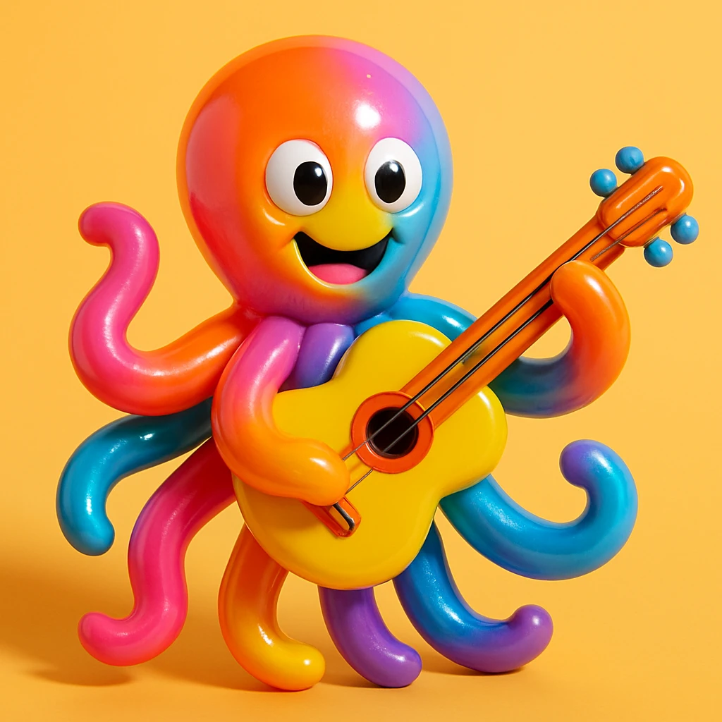 happy octopus with multiple arms playing guitar emoji