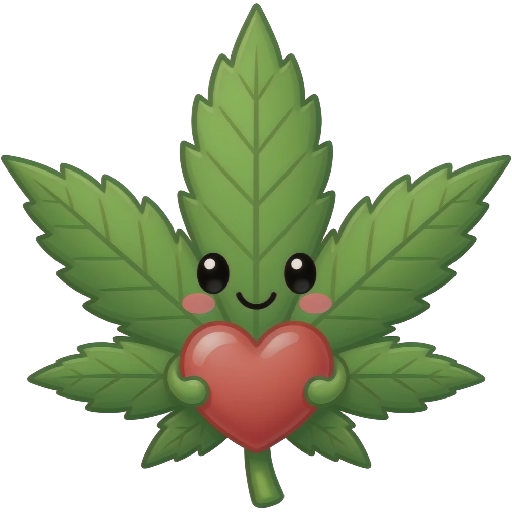 emoji of a kamoji kawaii weed leaf with a cute face holding a big heart emoji