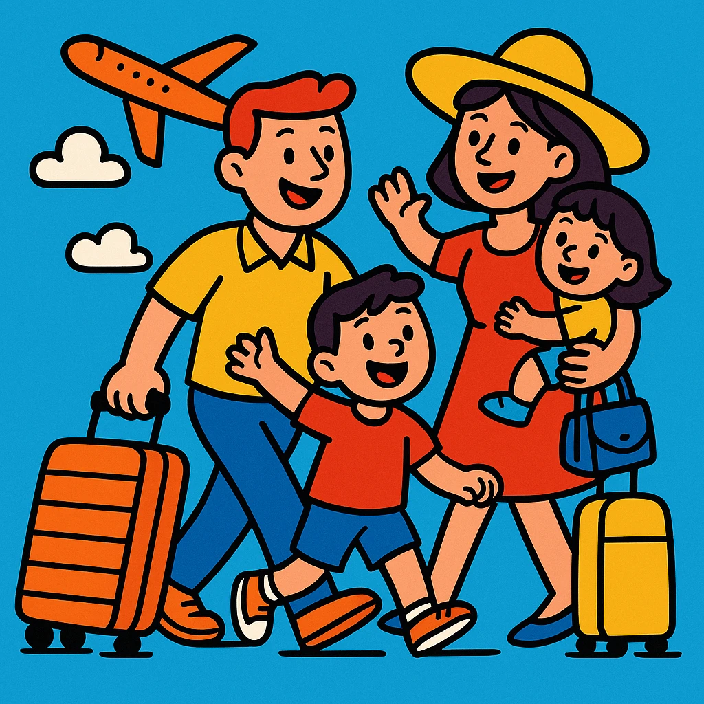 una familia viajando, estilo dibujo animado, cartoon style, cheerful and lively emoji