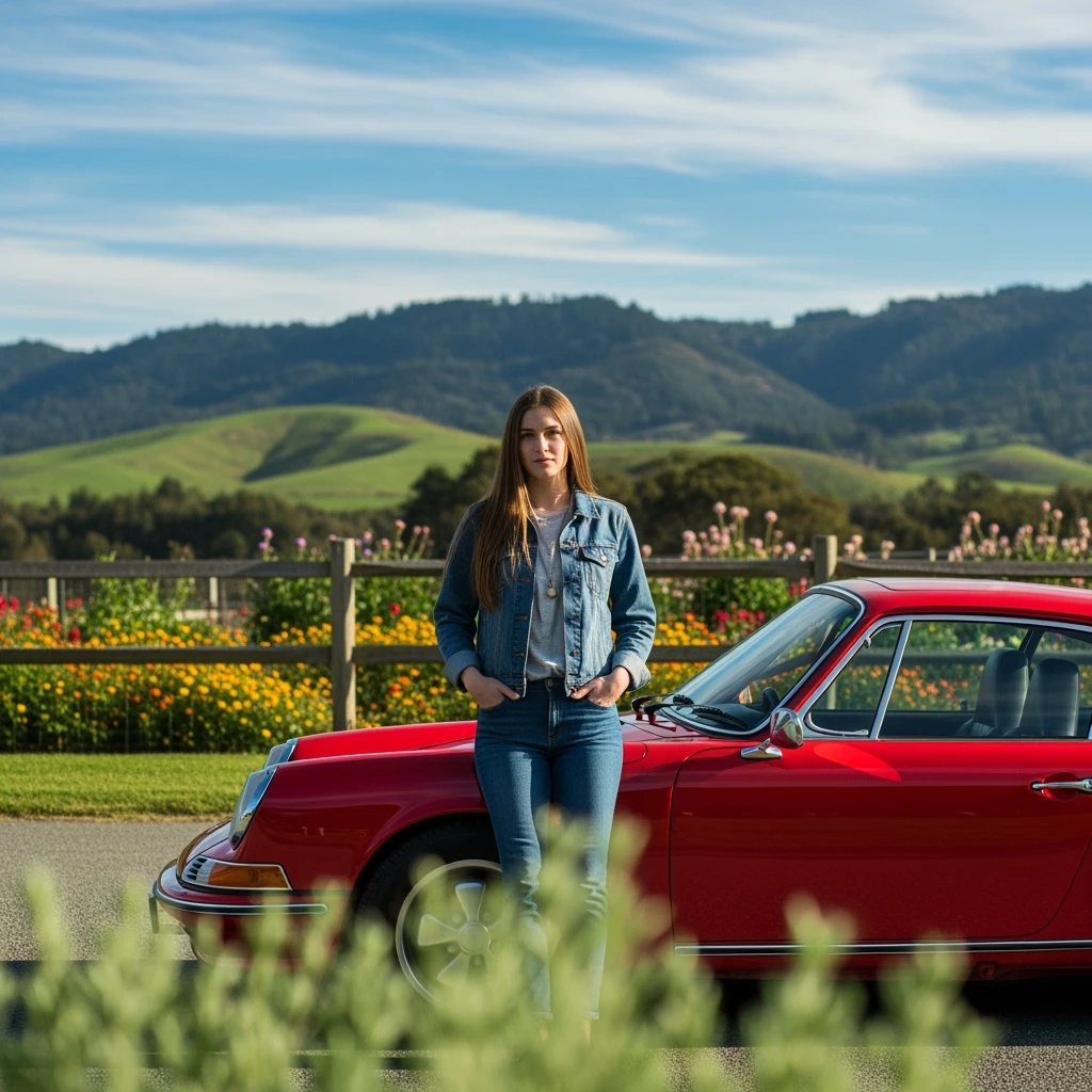 A portrait of a white person next to porsche 911 in the foreground, blurred plants in the foreground, a wooden fence and colorfull flowers in the midground, rolling hills in the background, cinematic depth of field, layered composition, natural lighting emoji