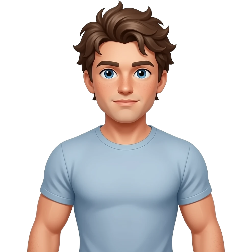 Hazme un chico con pelo rebelde castaño, ojos azules y unas pecas. Tiene que estar caminando. Y que sea musculoso. que tenga camiseta emoji