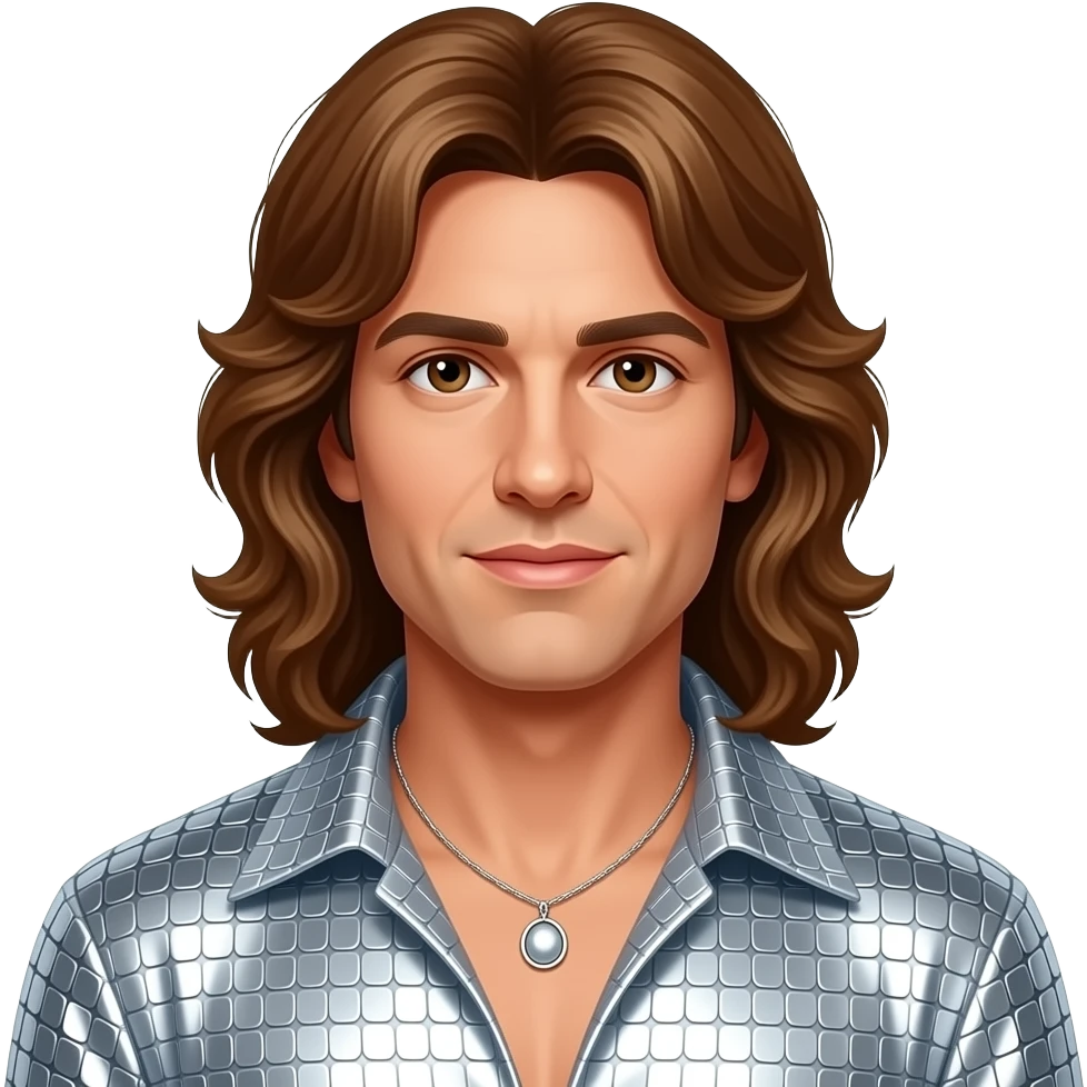 Robin Gibb from Bee Gees with brown eyes, long auburn 1970s wavy hair, silver metallic disco outfit, necklace emoji