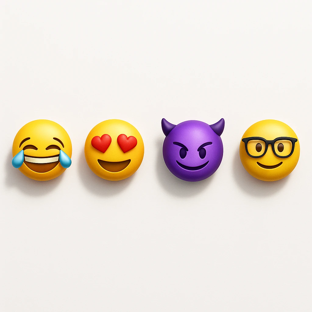 make four emojis on white background with good amount of shadow, four emojis of smiley's only. one laughing, second heart eyes, third purple devil and four black glasses emojis  emoji