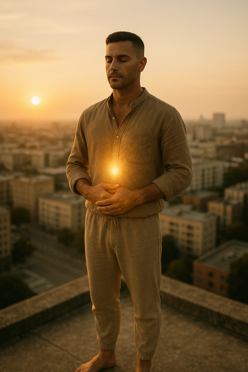 A cinematic portrait of a calm and composed man in his mid-30s, with light stubble and a defined jawline, standing alone on a rooftop at sunrise overlooking a quiet modern city. He’s wearing minimalist, earth-toned clothing — a linen shirt loosely buttoned, neutral joggers, barefoot. His hands rest gently over his abdomen in a meditative posture, eyes half-closed, reflecting clarity and focus. The early morning light bathes his face and body in soft gold, symbolizing renewal and healing. Around him, the city is still asleep, with only faint traces of life below. The air feels clean and silent. Subtle glow effects radiate gently from his chest and abdomen, suggesting internal regeneration. 35mm film style, shallow depth of field, realistic human textures and cinematic color grading with warm and natural tones. emoji