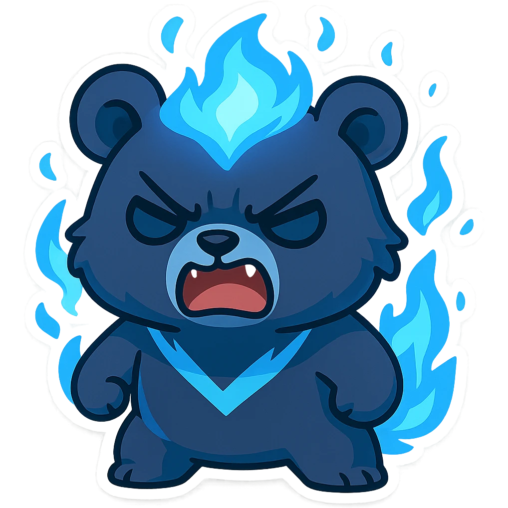 Transform the character into a super cute chibi version with a furious expression. Keep the blue flame details and overall color scheme. Make it look adorable but clearly angry in chibi stickers style. emoji