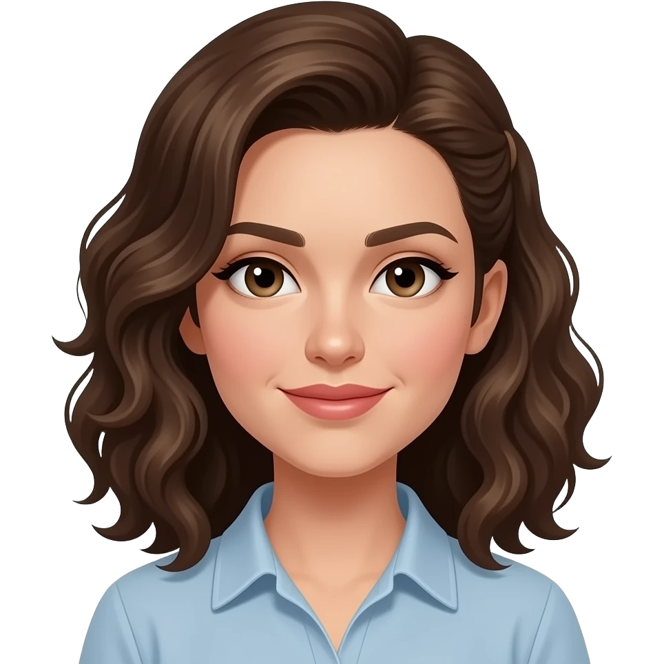 Female brown curly should length hair pulled halfway back with bangs swooped to one side emoji