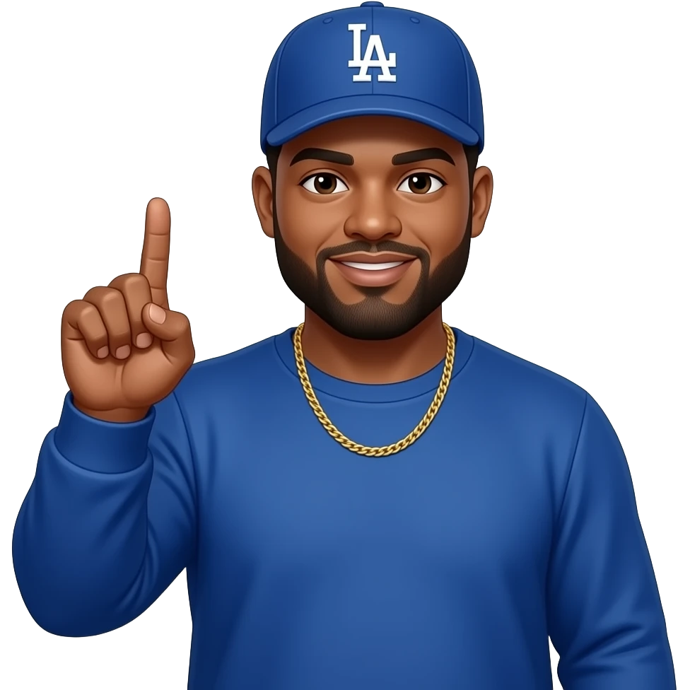 African American chubby man with a beige skin complextion with lightly shaved black beard wearing a blue Los Angeles Dodgers baseball cap wearing a long sleeve blue shirt wearing a gold tennis necklace making a gun with his fingers emoji