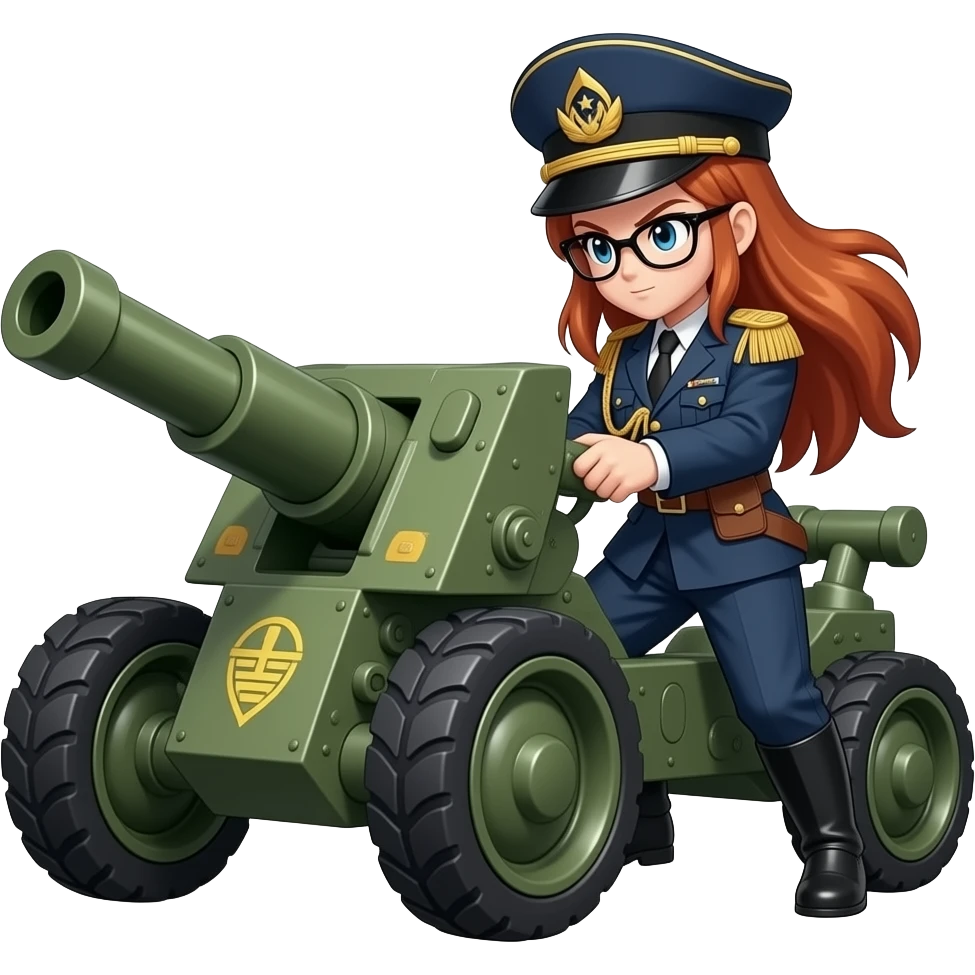 brown bushy auburn haired female android 21 from dragon ball fighterz are wear black glasses with defense general dress have shoot with two wheeler artillery cannon target on enemy emoji