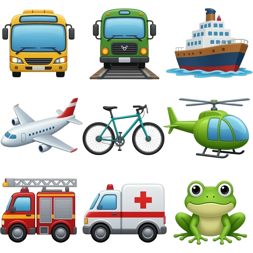 vehicles: car, bus, train, ship, airplane, bicycle, helicopter, truck, fire engine, ambulance, and frog emoji