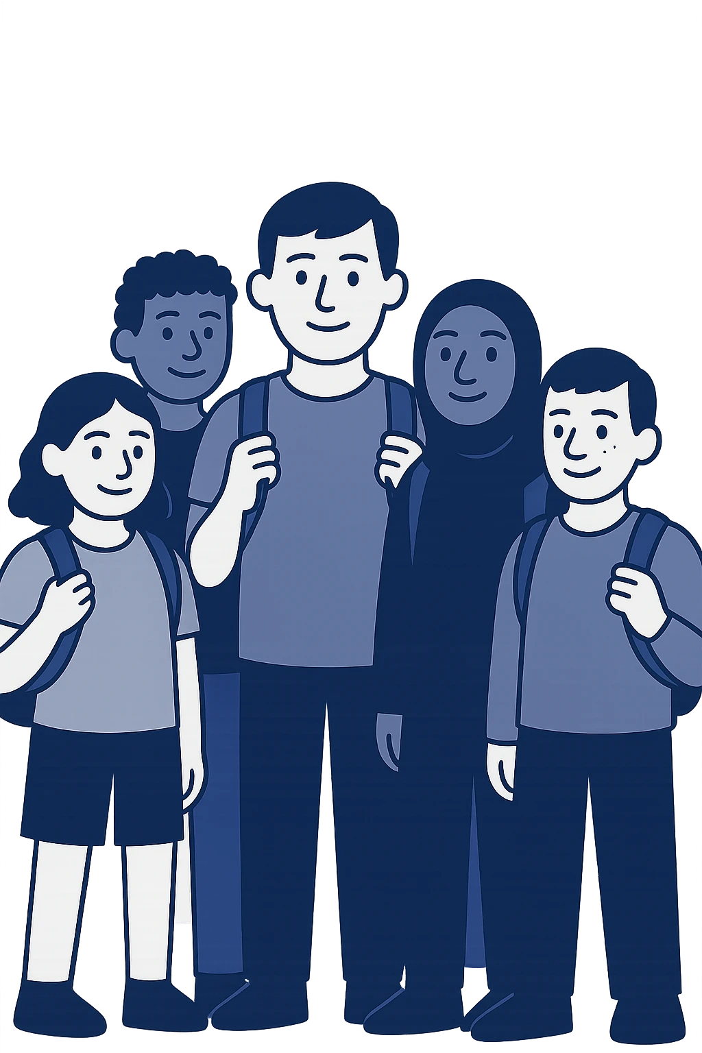 Edit the group of 5 school students in flat blue illustration style with a transparent background. emoji