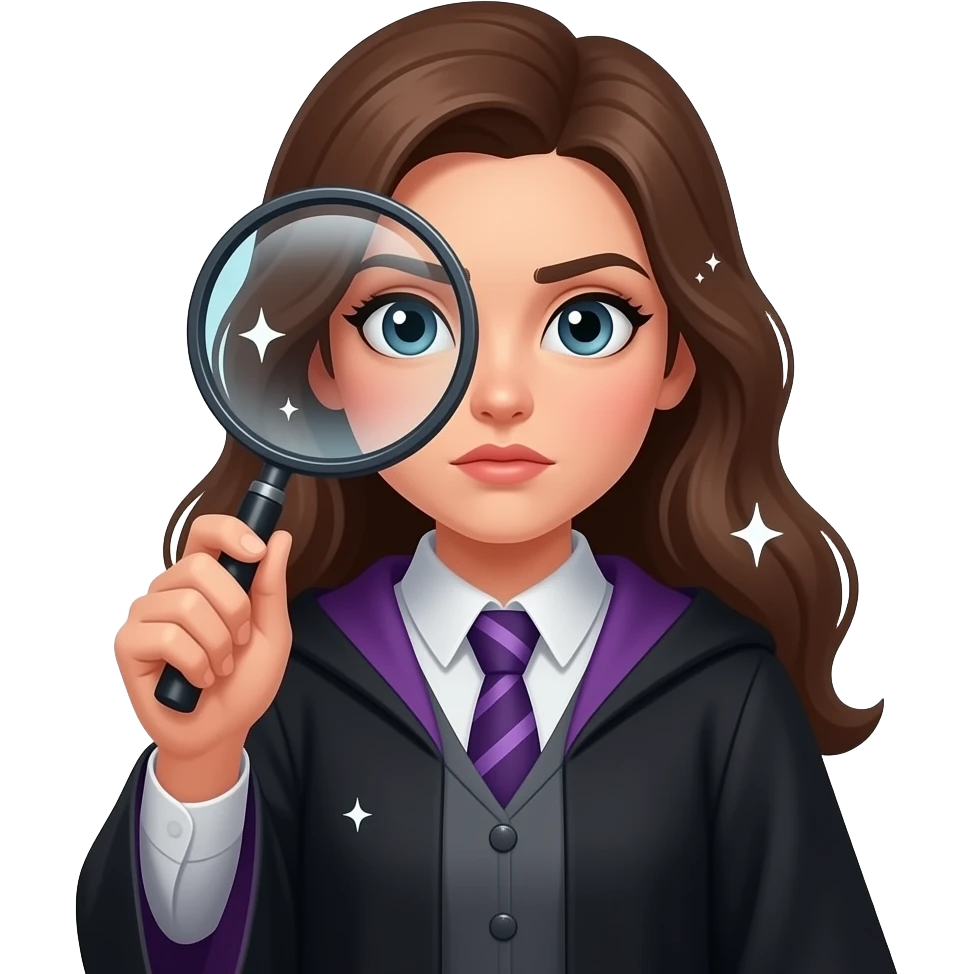 cute emoji style, fantasy spell inspector mage, female wizard with magnifying glass, looking suspicious, small magic sparkles around, slightly строгий expression, dark robe with subtle purple accents, detecting broken spells, minimalistic, centered, transparent background emoji