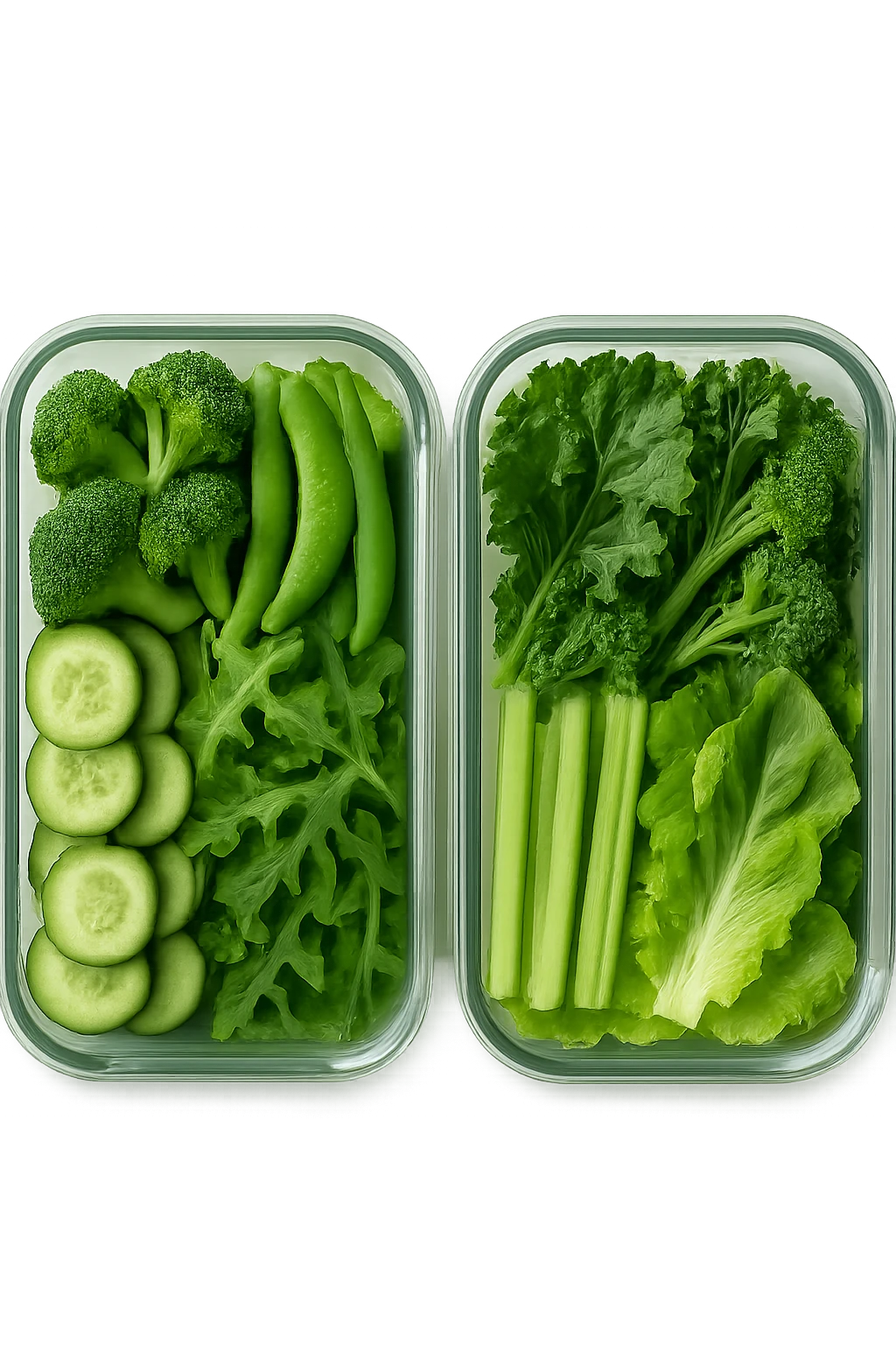 verdure tagliate e sistemate in due schiscette di vetro viste dall'alto, iperrealistico 4k emoji