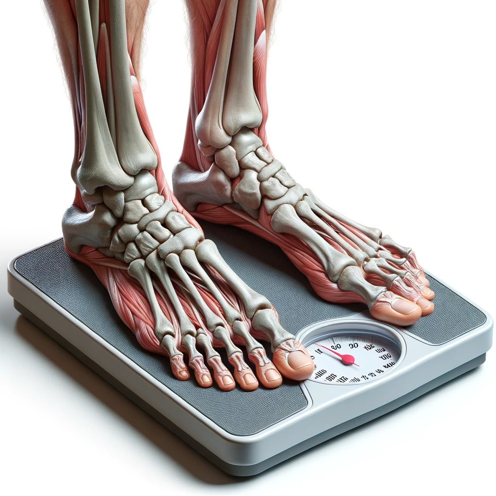 piedi di un corpo umano anatomico su una bilancia pesapersone, si sta pesando perché è ingrassato, iperrealistico 4k, isolato su sfondo bianco emoji
