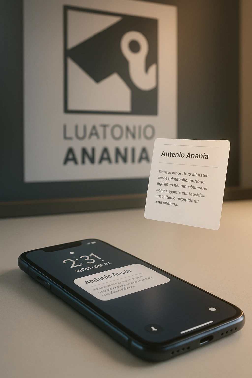 A photo of an iPhone with the message "Antonio Anania" on its screen, hovering over it is another document floating in mid-air, both surrounded by soft light and shadow. The phone sits atop a desk with a blurred background that suggests work environment. A faint glow from above casts gentle shadows across the surface of each object, creating depth and highlighting their textures. emoji