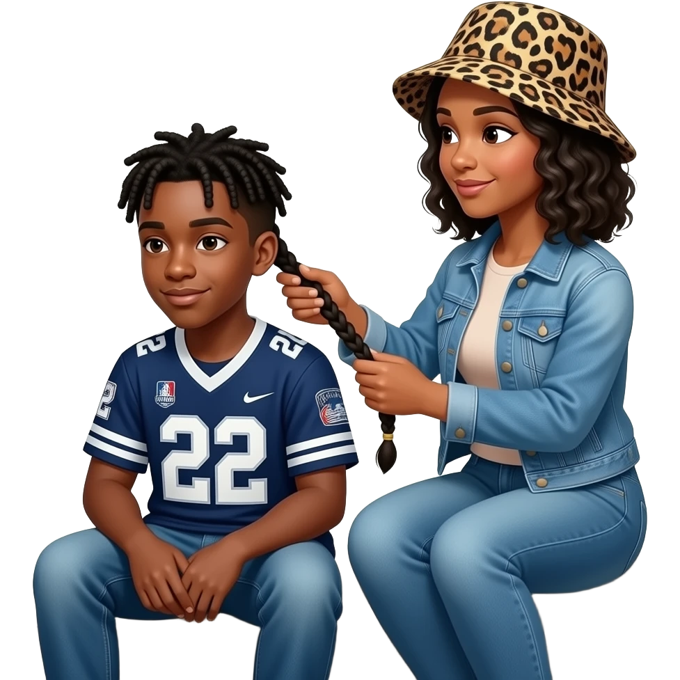 African American teenage boy with braids  sitting on house porch steps wearing a jersey shirt with the number 22 on it, getting his hair he has braided by a African American woman with shoulder length curly black hair wearing a leopard print bucket hat wearing denim jeans and a denim jacket emoji