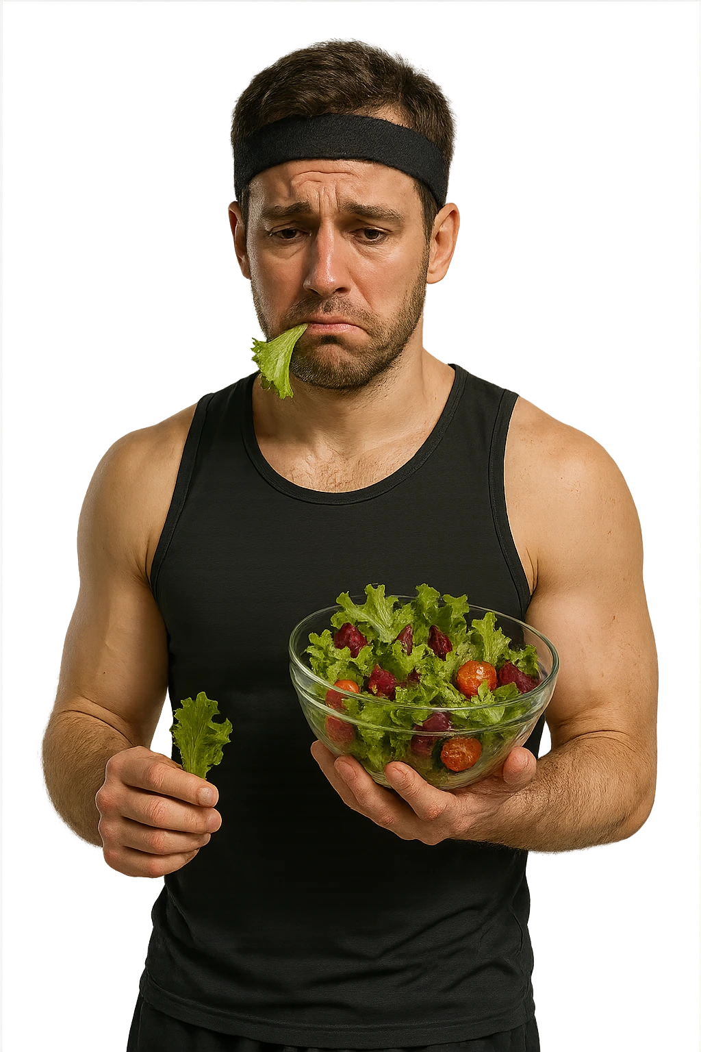 uomo fitness cON INSALATA IN MANO E FOGLIA DI INSALATA IN BOCCA, ESPRESSIONE TRISTE emoji