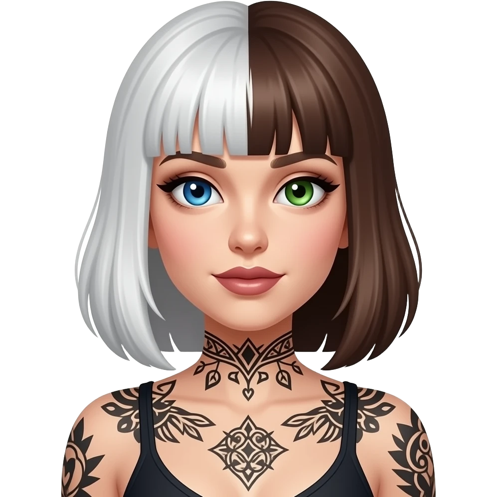 One blue eye one green eye pale white woman with brown hair with white streak in front and dark feminine makeup and body tattoos emoji
