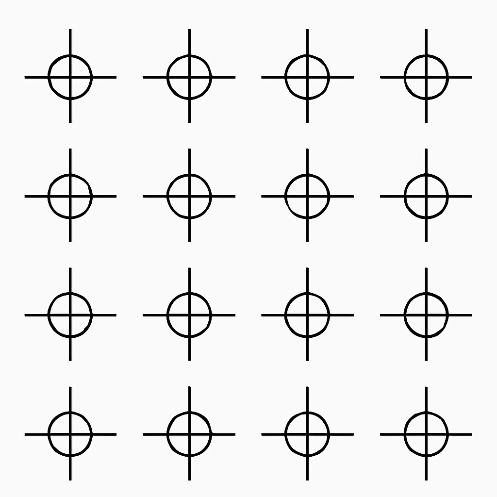 a series of layout markings spaced in an even symmetrical grid, as in camera viewfinder crosshairs. black and white high contrast, precision optics emoji